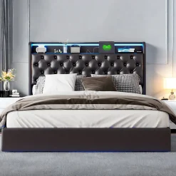ProximaX Lit flottant 160x200cm en PU avec LED tête & corps, rangement tête de lit rembourrée & prise EU, Design moderne et pratique