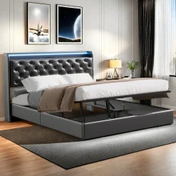 ProximaX Lit flottant 160x200cm en PU avec LED tête & corps, rangement tête de lit rembourrée & prise EU, Design moderne et pratique