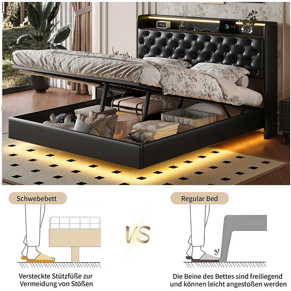 ProximaX Lit flottant 160x200cm en PU avec LED tête & corps, rangement tête de lit rembourrée & prise EU, Design moderne et pratique