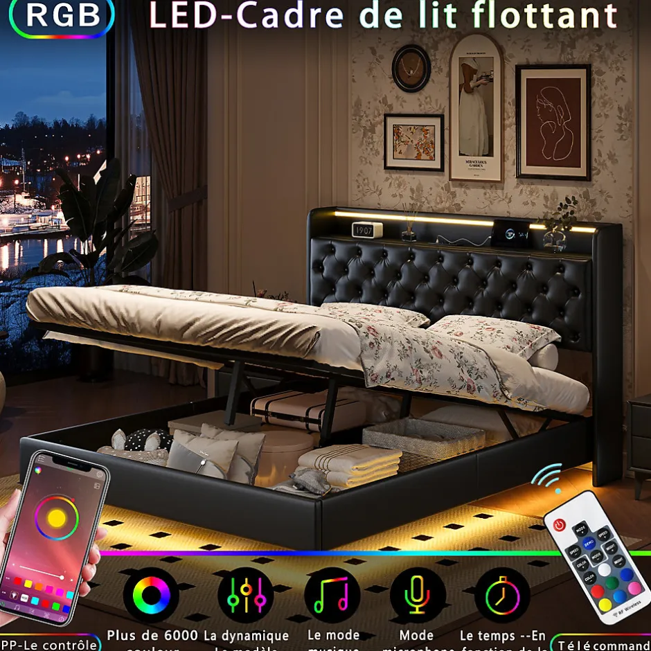 ProximaX Lit flottant 160x200cm en PU avec LED tête & corps, rangement tête de lit rembourrée & prise EU, Design moderne et pratique