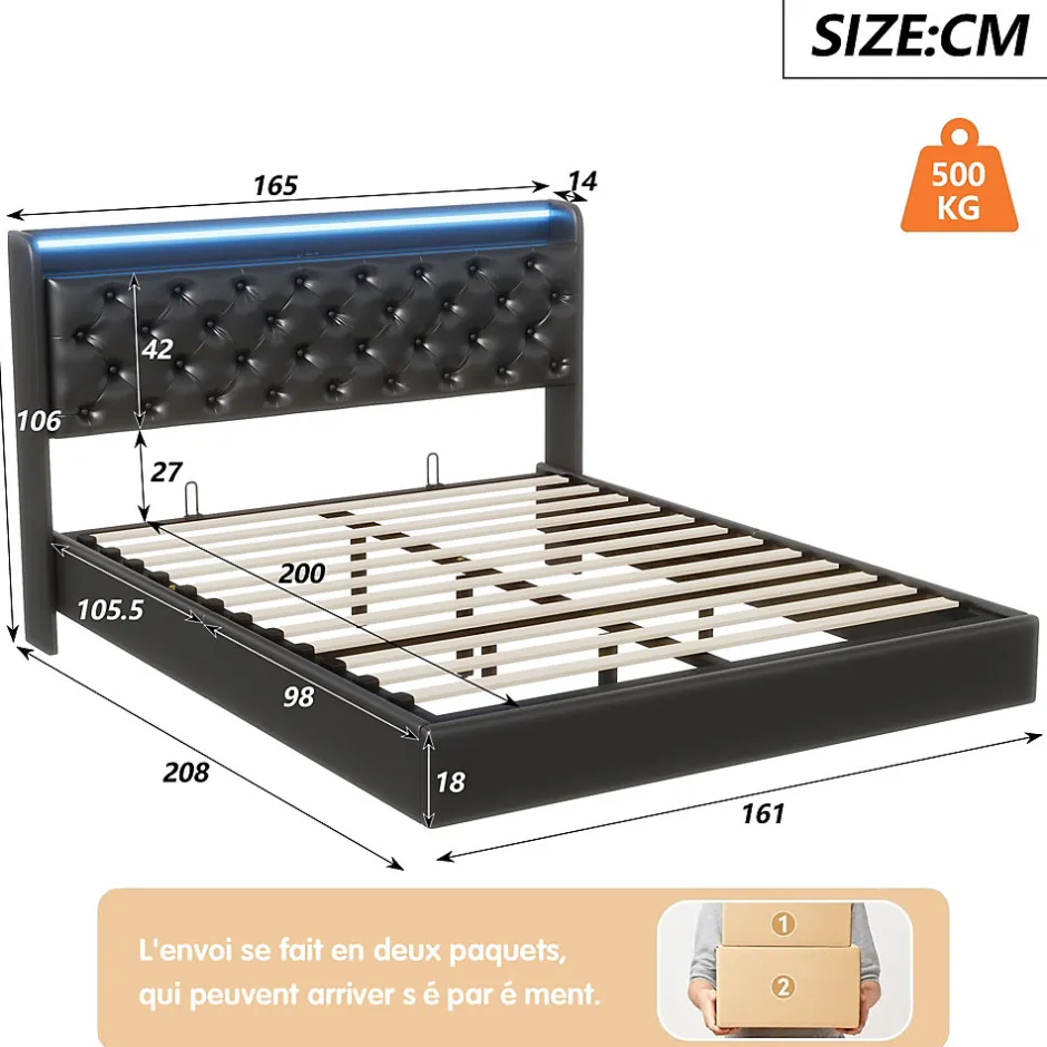 ProximaX Lit flottant 160x200cm en PU avec LED tête & corps, rangement tête de lit rembourrée & prise EU, Design moderne et pratique