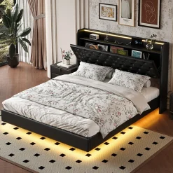 ProximaX Lit flottant 160x200cm en PU avec LED tête & corps, rangement tête de lit rembourrée & prise EU, Design moderne et pratique