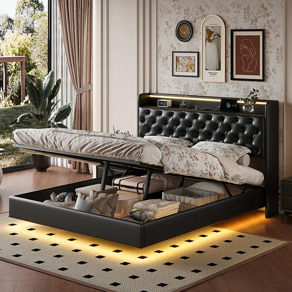 ProximaX Lit flottant 160x200cm en PU avec LED tête & corps, rangement tête de lit rembourrée & prise EU, Design moderne et pratique