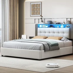 Fortuna lai Lit Flottant,160x200 CM, Cadre de Lit avec Éclairage LED, Multiprise, Tête de lit avec Rangement, velours,Blanc