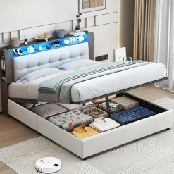 Fortuna lai Lit Flottant,160x200 CM, Cadre de Lit avec Éclairage LED, Multiprise, Tête de lit avec Rangement, velours,Blanc