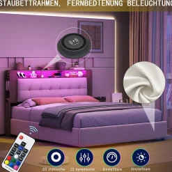Fortuna lai Lit Flottant,160x200 CM, Cadre de Lit avec Éclairage LED, Multiprise, Tête de lit avec Rangement, velours,Blanc
