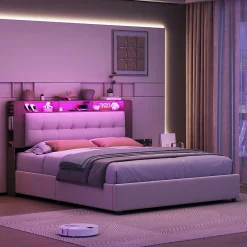 Fortuna lai Lit Flottant,160x200 CM, Cadre de Lit avec Éclairage LED, Multiprise, Tête de lit avec Rangement, velours,Blanc