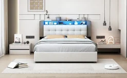 Fortuna lai Lit Flottant,160x200 CM, Cadre de Lit avec Éclairage LED, Multiprise, Tête de lit avec Rangement, velours,Blanc