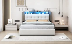 Fortuna lai Lit Flottant,140x200 CM, Cadre de Lit avec Éclairage LED, Multiprise, Tête de lit avec Rangement, velours,Blanc Clearance