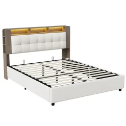 Fortuna lai Lit Flottant,140x200 CM, Cadre de Lit avec Éclairage LED, Multiprise, Tête de lit avec Rangement, velours,Blanc Clearance
