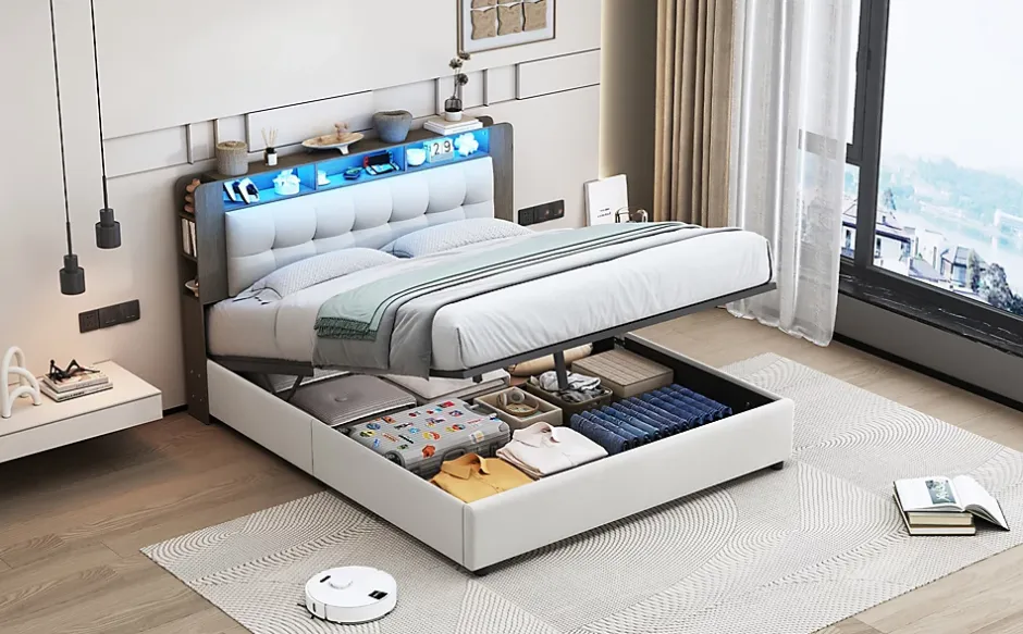 Fortuna lai Lit Flottant,140x200 CM, Cadre de Lit avec Éclairage LED, Multiprise, Tête de lit avec Rangement, velours,Blanc Clearance