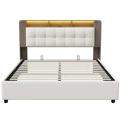 Fortuna lai Lit Flottant,140x200 CM, Cadre de Lit avec Éclairage LED, Multiprise, Tête de lit avec Rangement, velours,Blanc Clearance