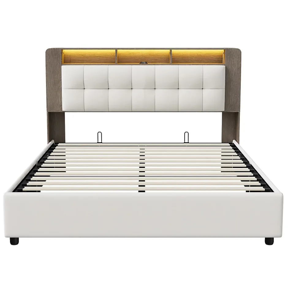 Fortuna lai Lit Flottant,140x200 CM, Cadre de Lit avec Éclairage LED, Multiprise, Tête de lit avec Rangement, velours,Blanc Clearance