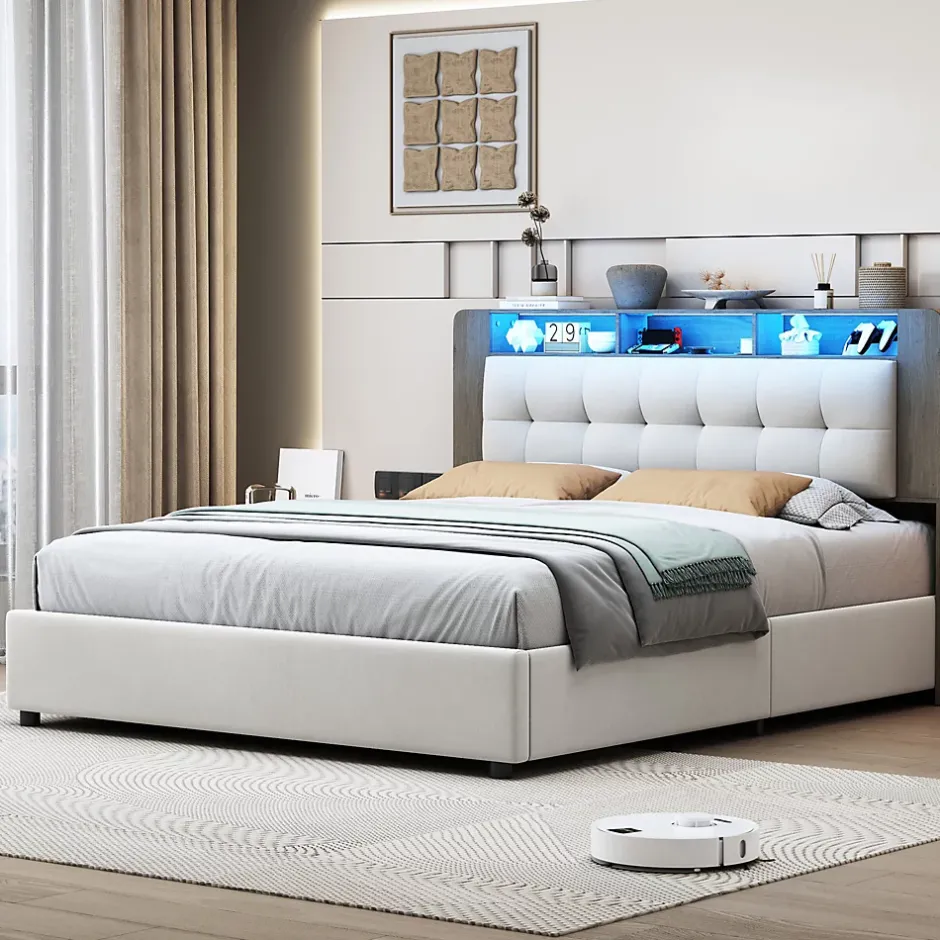 Fortuna lai Lit Flottant,140x200 CM, Cadre de Lit avec Éclairage LED, Multiprise, Tête de lit avec Rangement, velours,Blanc Clearance