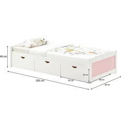 Idimex Lit fonctionnel MIA 90 x 200 cm, en pin massif lasuré blanc et rose Best
