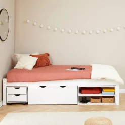 Idimex Lit fonctionnel SABRINA 90x190 cm, en pin massif lasuré blanc Discount