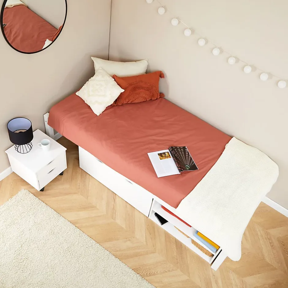 Idimex Lit fonctionnel SABRINA 90x190 cm, en pin massif lasuré blanc Discount