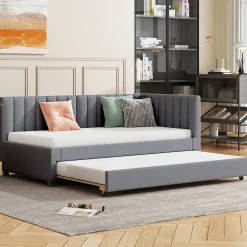 Okwish Lit Gigogne - Lit enfant et d'Appoint avec Sommier Gigogne, Fonction Rangement Intégré, Velours Gris, 90x200 cm
