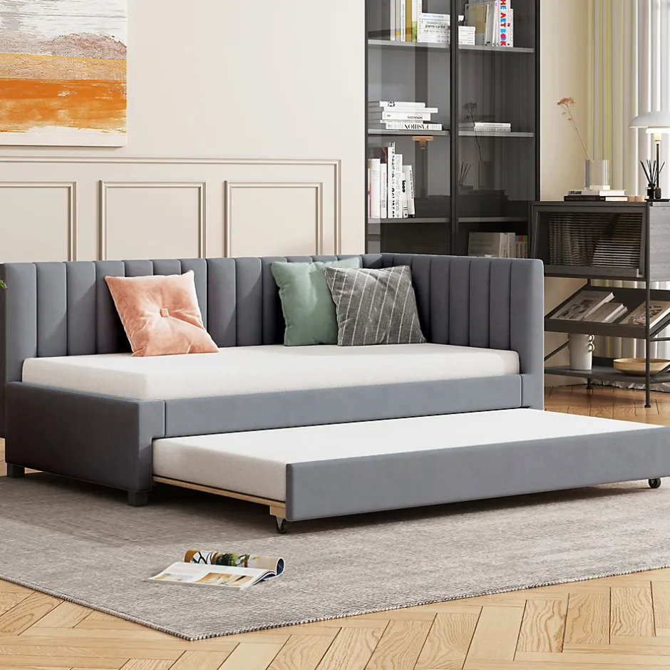 Okwish Lit Gigogne - Lit enfant et d'Appoint avec Sommier Gigogne, Fonction Rangement Intégré, Velours Gris, 90x200 cm
