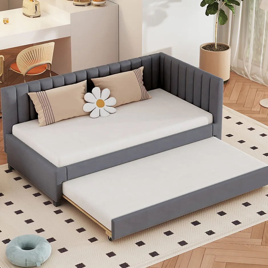 Okwish Lit Gigogne - Lit enfant et d'Appoint avec Sommier Gigogne, Fonction Rangement Intégré, Velours Gris, 90x200 cm