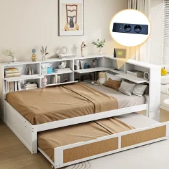 Okwish Lit Gigogne - Lit enfant 140x200 cm Bois Blanc avec Lit Simple, Tiroirs et Port USB, Grand Rangement Multifonction, Couleur Blanc Clearance
