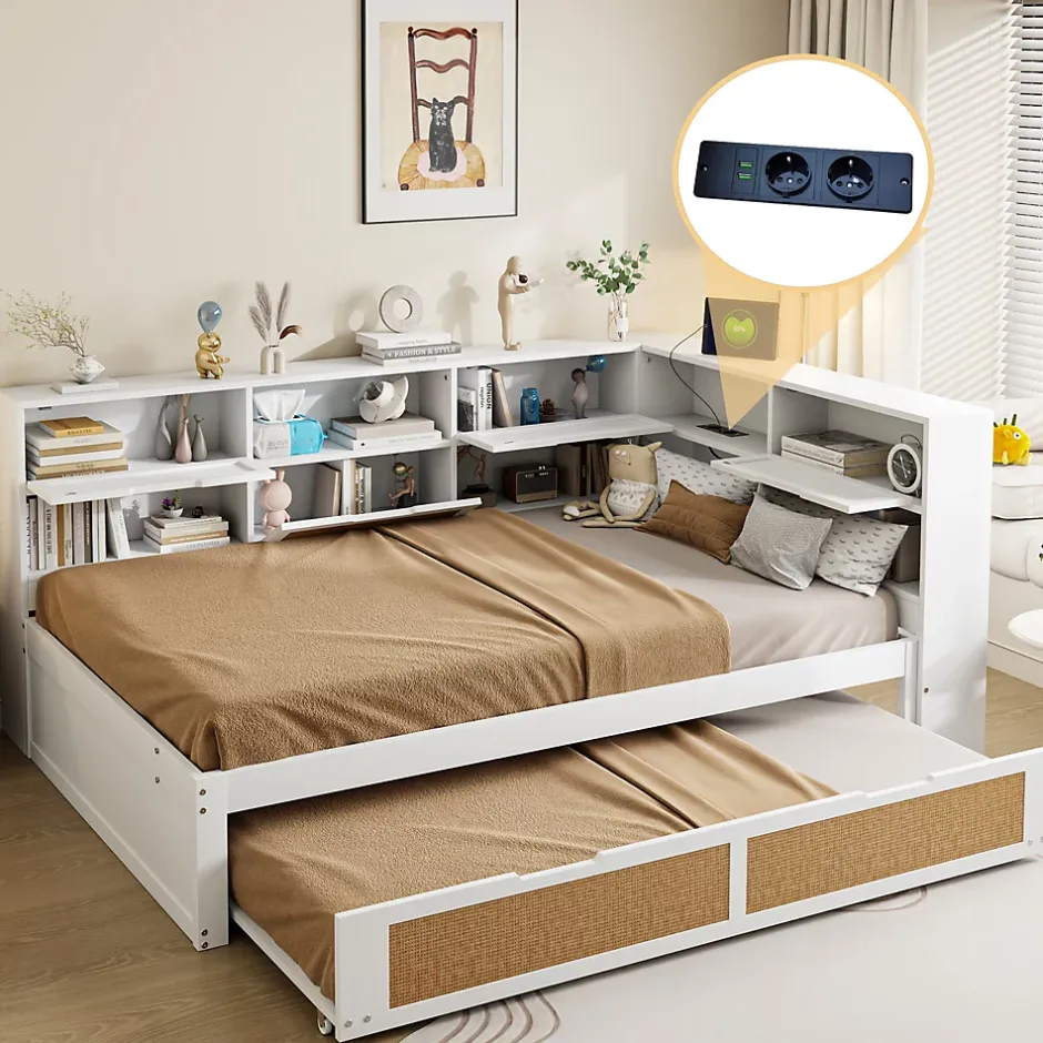 Okwish Lit Gigogne - Lit enfant 140x200 cm Bois Blanc avec Lit Simple, Tiroirs et Port USB, Grand Rangement Multifonction, Couleur Blanc Clearance