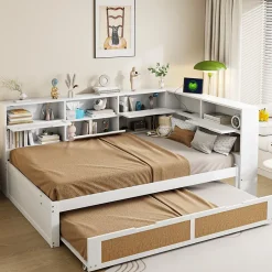 Okwish Lit Gigogne - Lit enfant 140x200 cm Bois Blanc avec Lit Simple, Tiroirs et Port USB, Grand Rangement Multifonction, Couleur Blanc Clearance