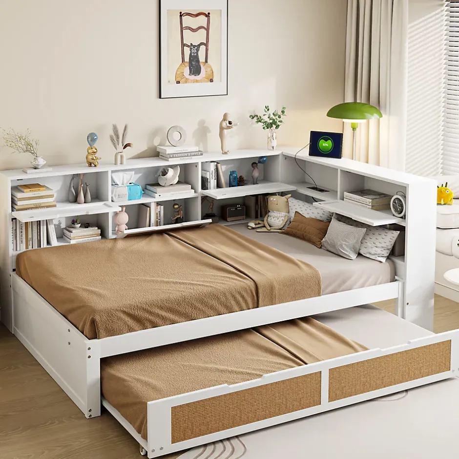 Okwish Lit Gigogne - Lit enfant 140x200 cm Bois Blanc avec Lit Simple, Tiroirs et Port USB, Grand Rangement Multifonction, Couleur Blanc Clearance