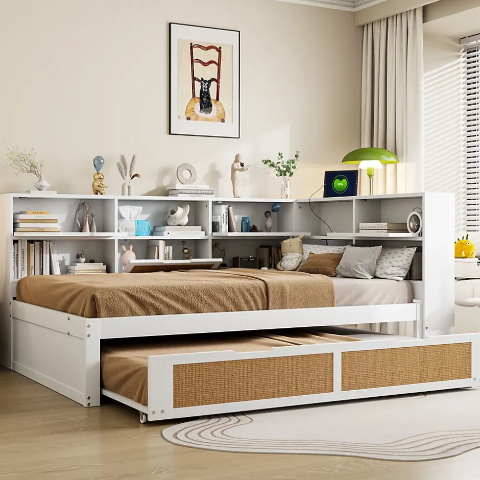 Okwish Lit Gigogne - Lit enfant 140x200 cm Bois Blanc avec Lit Simple, Tiroirs et Port USB, Grand Rangement Multifonction, Couleur Blanc Clearance