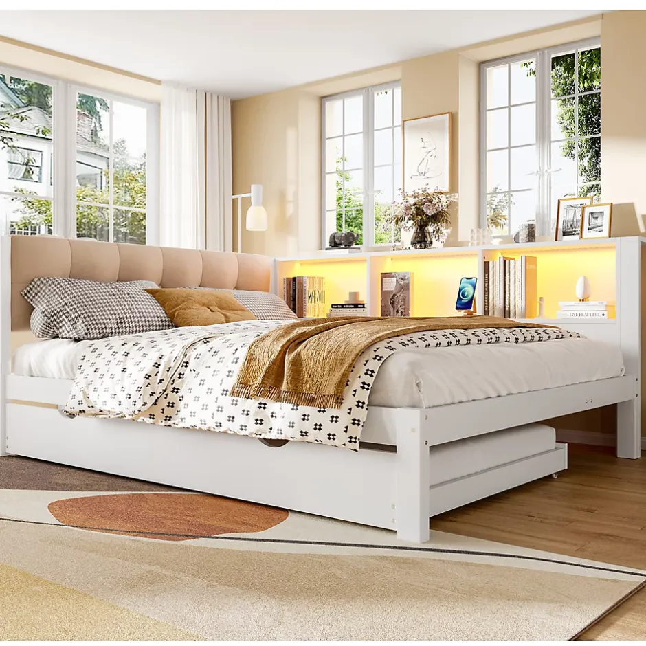 Okwish Lit Gigogne 140 x 200 cm - avec Lit Escamotable et LED Dimmable - Sans Matelas - Lin, MDF et Bois de Pin - Blanc