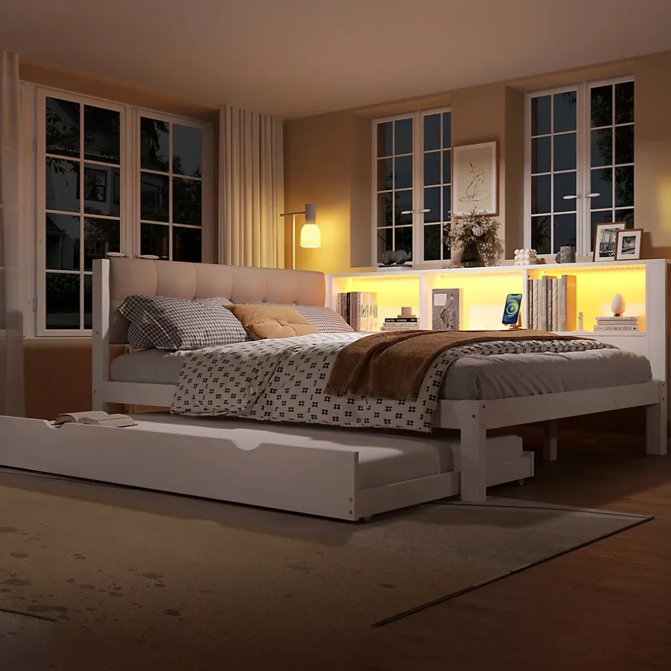 Okwish Lit Gigogne 140 x 200 cm - avec Lit Escamotable et LED Dimmable - Sans Matelas - Lin, MDF et Bois de Pin - Blanc