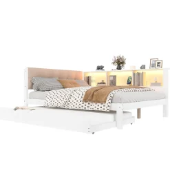 Okwish Lit Gigogne 140 x 200 cm - avec Lit Escamotable et LED Dimmable - Sans Matelas - Lin, MDF et Bois de Pin - Blanc