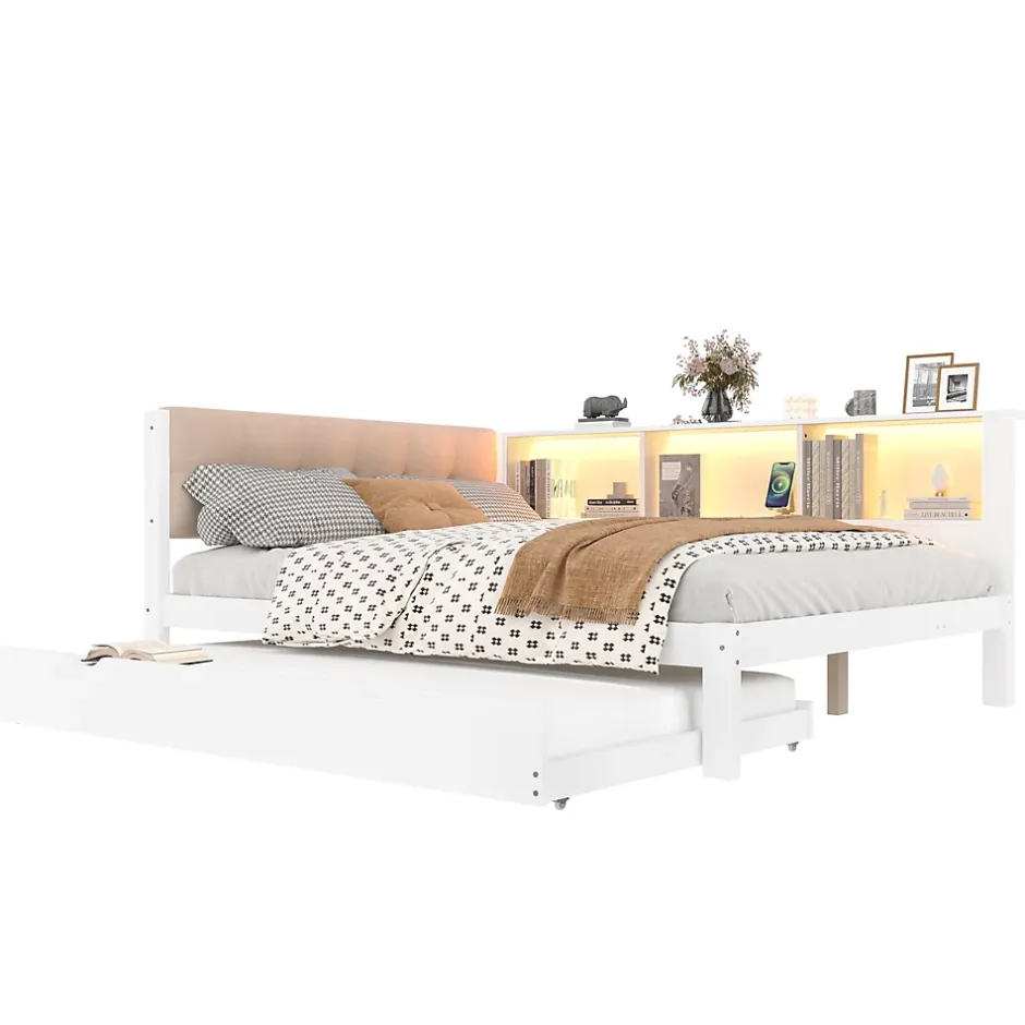 Okwish Lit Gigogne 140 x 200 cm - avec Lit Escamotable et LED Dimmable - Sans Matelas - Lin, MDF et Bois de Pin - Blanc