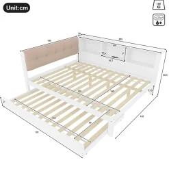 Okwish Lit Gigogne 140 x 200 cm - avec Lit Escamotable et LED Dimmable - Sans Matelas - Lin, MDF et Bois de Pin - Blanc