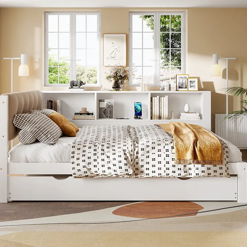 Okwish Lit Gigogne 140 x 200 cm - avec Lit Escamotable et LED Dimmable - Sans Matelas - Lin, MDF et Bois de Pin - Blanc