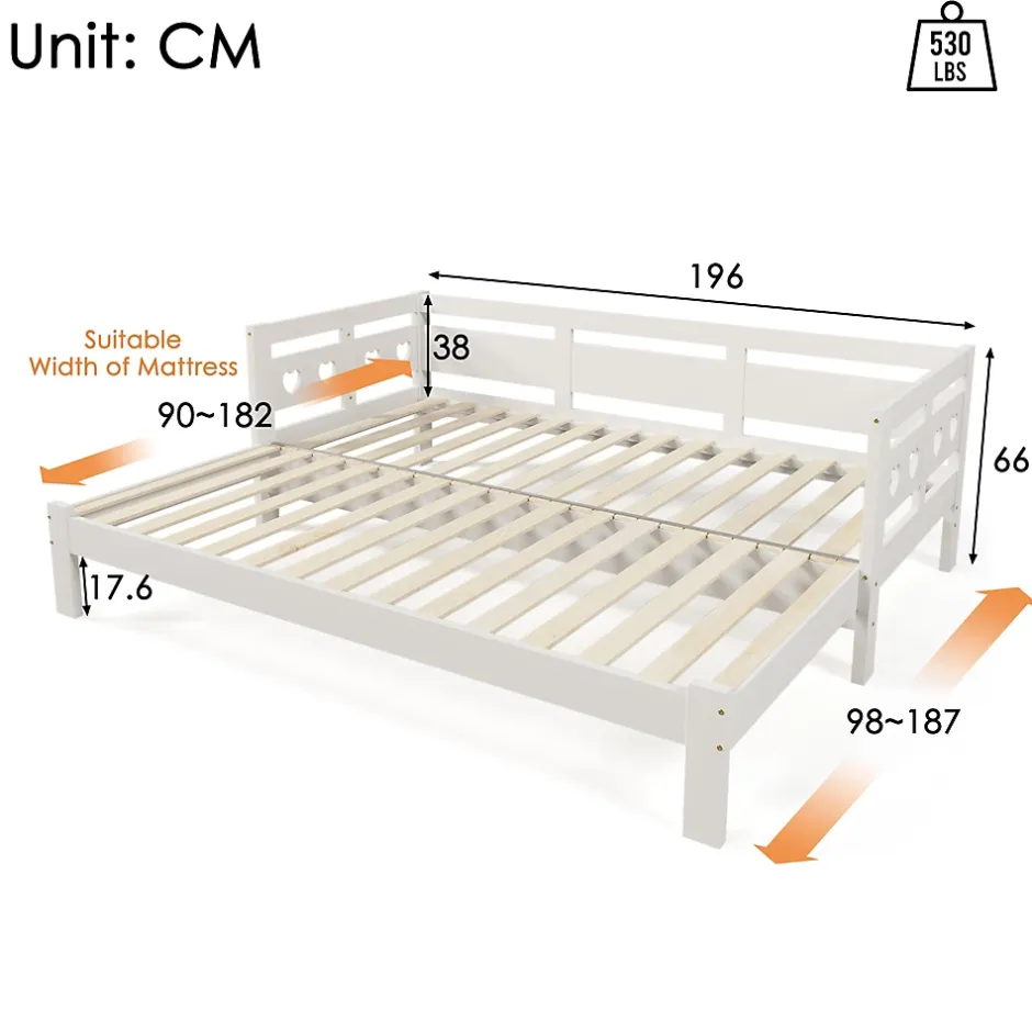 Okwish Lit gigogne 90 x 190 cm - Lit Banquette avec Motif Cœur - Pin Massif et MDF - Sans Matelas - Blanc New
