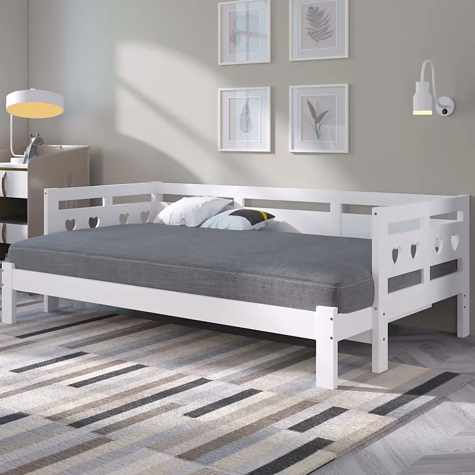 Okwish Lit gigogne 90 x 190 cm - Lit Banquette avec Motif Cœur - Pin Massif et MDF - Sans Matelas - Blanc New