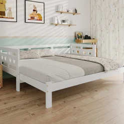Okwish Lit gigogne 90 x 190 cm - Lit Banquette avec Motif Cœur - Pin Massif et MDF - Sans Matelas - Blanc New