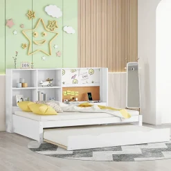 Okwish Lit Gigogne 90 x 200 cm - Lit enfant avec Port de Chargement USB et Rangement - Bois de Pin + MDF - Sans Matelas - Blanc