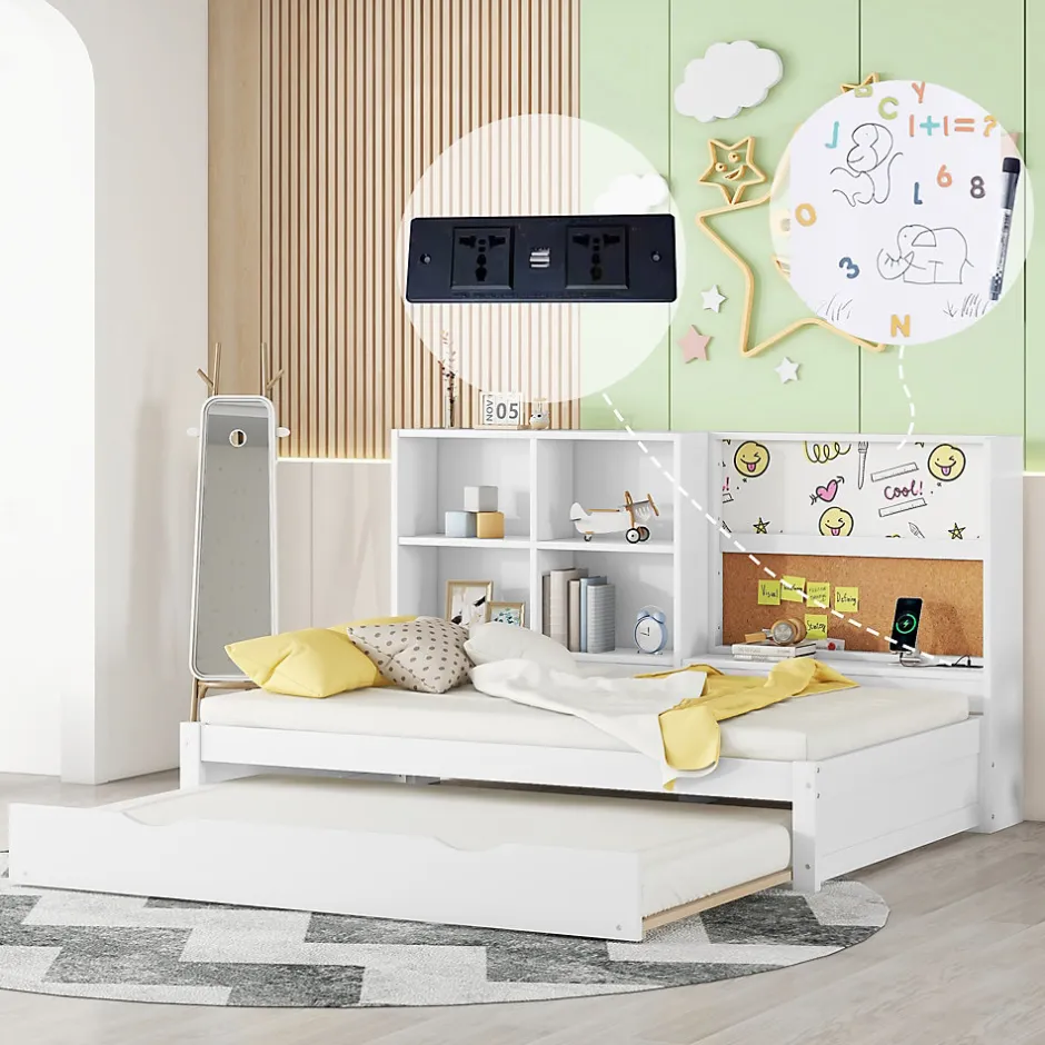 Okwish Lit Gigogne 90 x 200 cm - Lit enfant avec Port de Chargement USB et Rangement - Bois de Pin + MDF - Sans Matelas - Blanc