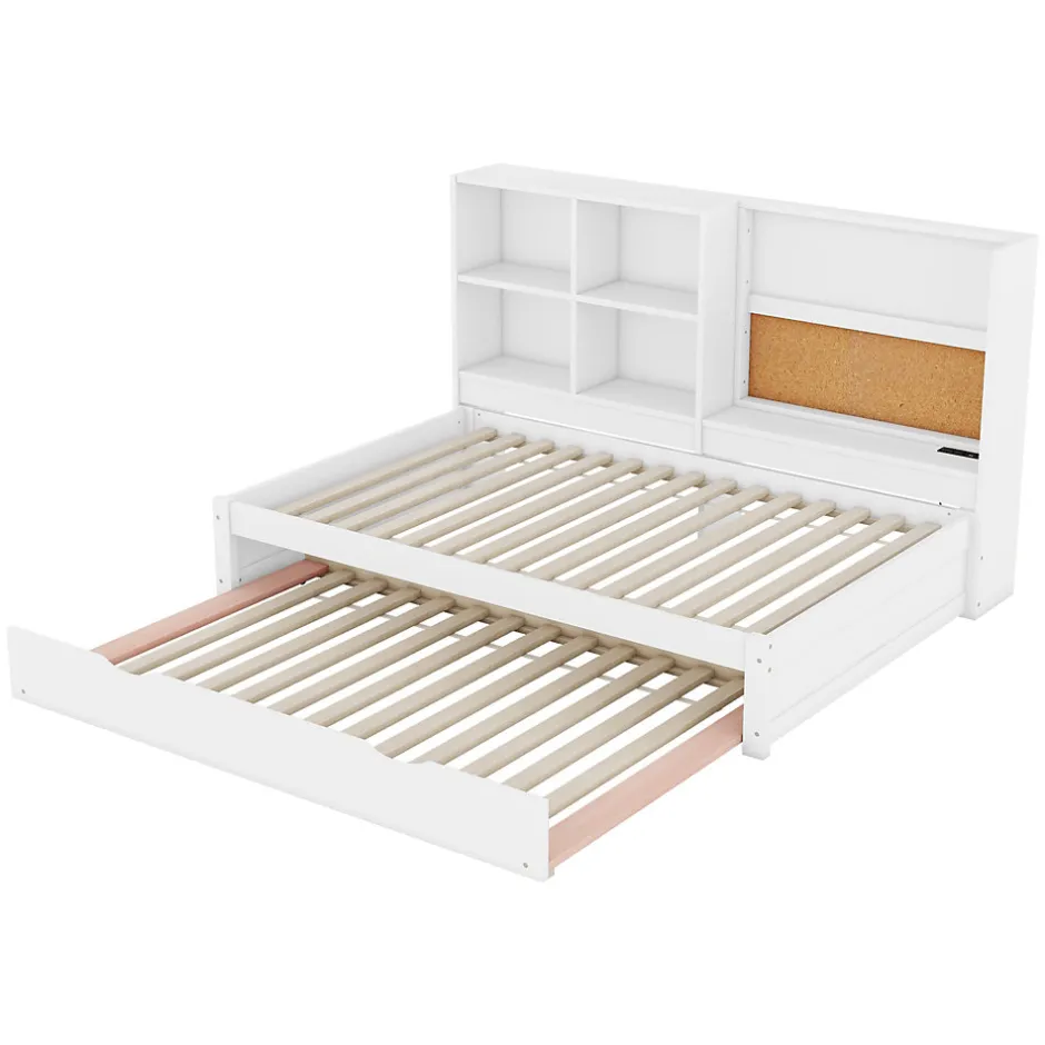 Okwish Lit Gigogne 90 x 200 cm - Lit enfant avec Port de Chargement USB et Rangement - Bois de Pin + MDF - Sans Matelas - Blanc