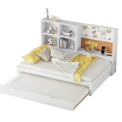 Okwish Lit Gigogne 90 x 200 cm - Lit enfant avec Port de Chargement USB et Rangement - Bois de Pin + MDF - Sans Matelas - Blanc