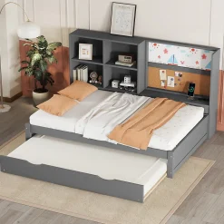 Okwish Lit Gigogne 90 x 200 cm - Lit enfant avec Port de Chargement USB et Rangement - Bois de Pin + MDF - Sans Matelas - Gris