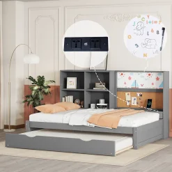 Okwish Lit Gigogne 90 x 200 cm - Lit enfant avec Port de Chargement USB et Rangement - Bois de Pin + MDF - Sans Matelas - Gris