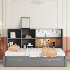 Okwish Lit Gigogne 90 x 200 cm - Lit enfant avec Port de Chargement USB et Rangement - Bois de Pin + MDF - Sans Matelas - Gris