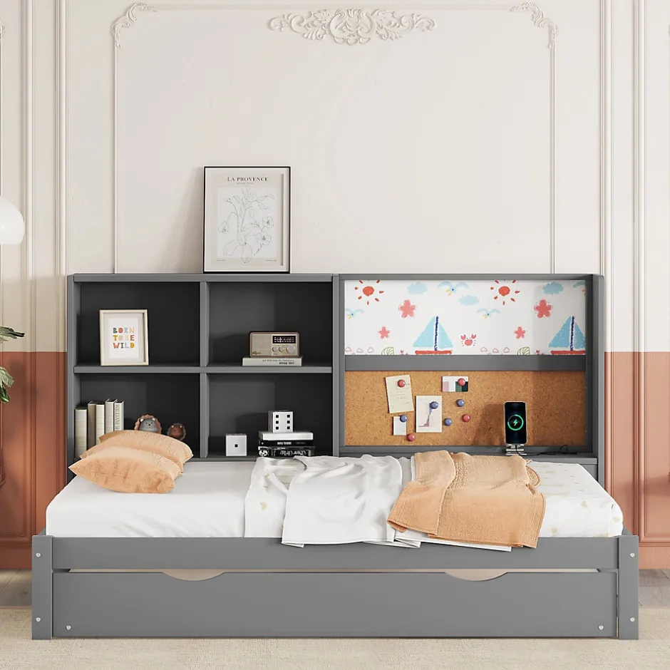 Okwish Lit Gigogne 90 x 200 cm - Lit enfant avec Port de Chargement USB et Rangement - Bois de Pin + MDF - Sans Matelas - Gris