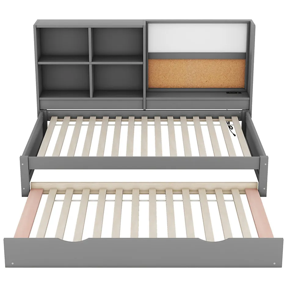 Okwish Lit Gigogne 90 x 200 cm - Lit enfant avec Port de Chargement USB et Rangement - Bois de Pin + MDF - Sans Matelas - Gris