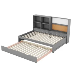 Okwish Lit Gigogne 90 x 200 cm - Lit enfant avec Port de Chargement USB et Rangement - Bois de Pin + MDF - Sans Matelas - Gris