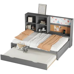 Okwish Lit Gigogne 90 x 200 cm - Lit enfant avec Port de Chargement USB et Rangement - Bois de Pin + MDF - Sans Matelas - Gris