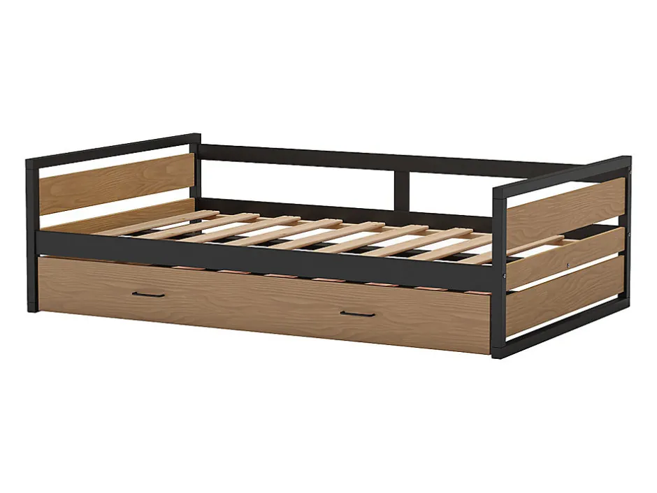 Enfant Vente-unique Lit gigogne 120 x 200 et 90 x 200 cm - MDF, Pin et métal - Naturel et anthracite + Matelas - BOSTON